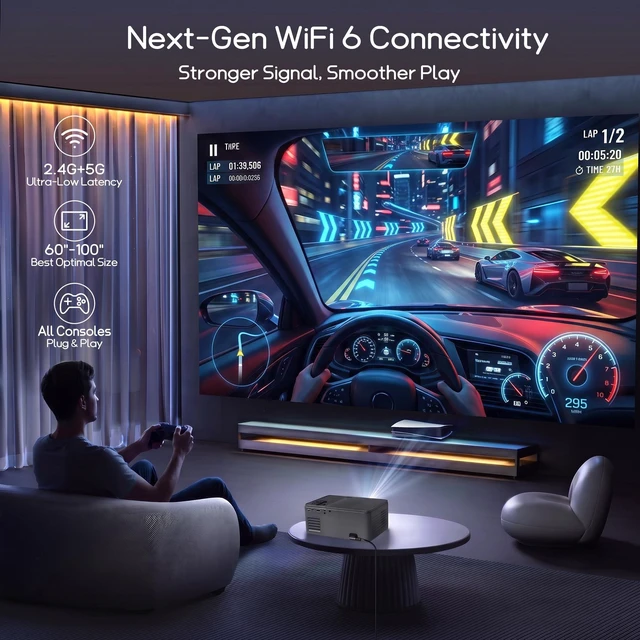 Alt view image 7 of 7 - Ablink Smart Projector with WiFi and Bluetooth, Native 1080P 4K Support Electronic Focus & Keystone Portable Movie Projector for Bedroom Ceiling Theater, 180°Rotation Proyector for Phone/Laptop/HDMI