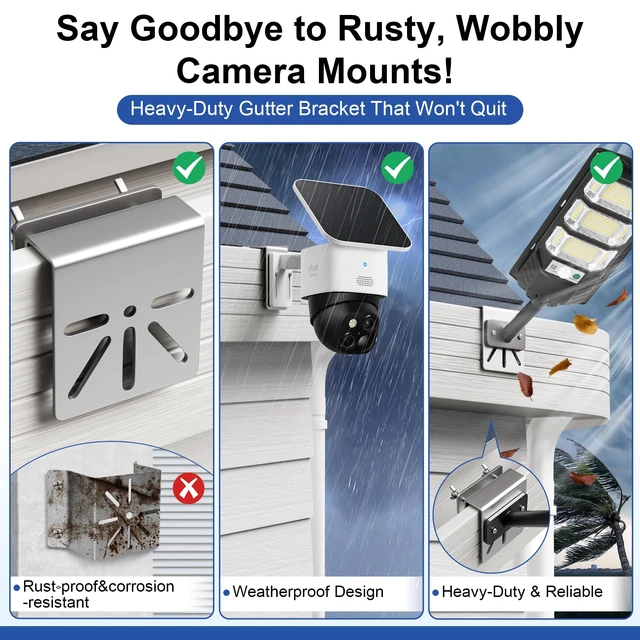 Alt view image 3 of 7 - 2 PCS Gutter Mount for Security Cameras,Stainless Steel Camera Gutter Mount | No Drill, Universal Gutter Mount Brackets,Compatible with Eufy S340/E30,Fits Most Security Cameras and Solar Panels,Silver