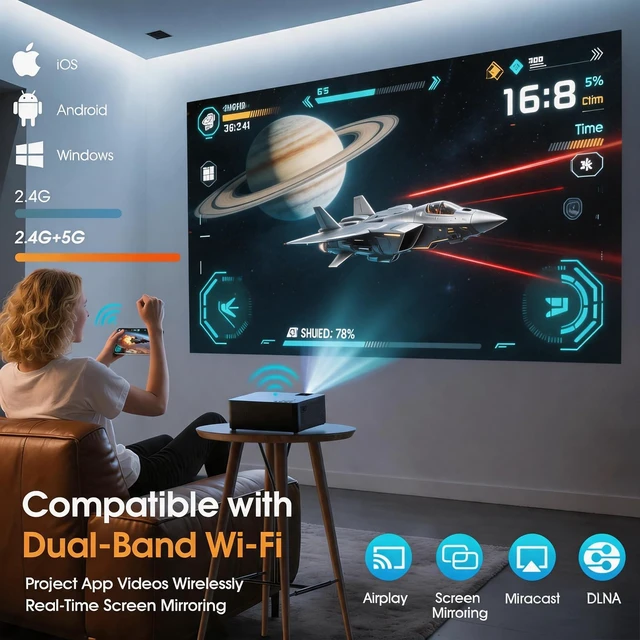 Alt view image 4 of 7 - 2026 Projector with WiFi and Bluetooth, Wireless Portable Movie Projector, 1080P 150" Display Home Theater, HDMI/AV & Carrying Bag Included, Compatible with Phone/Laptop, Black (Q9)