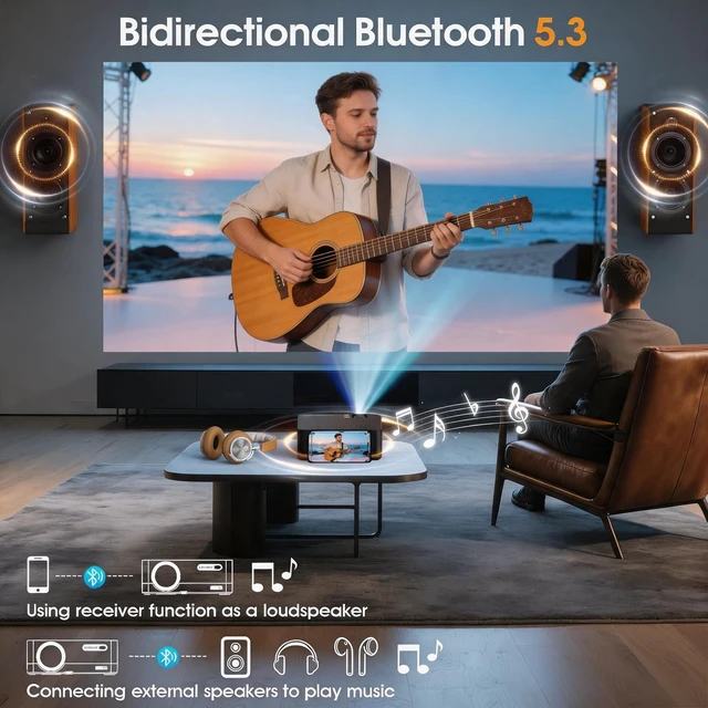 Alt view image 5 of 7 - 2026 Projector with WiFi and Bluetooth, Wireless Portable Movie Projector, 1080P 150" Display Home Theater, HDMI/AV & Carrying Bag Included, Compatible with Phone/Laptop, Black (Q9)