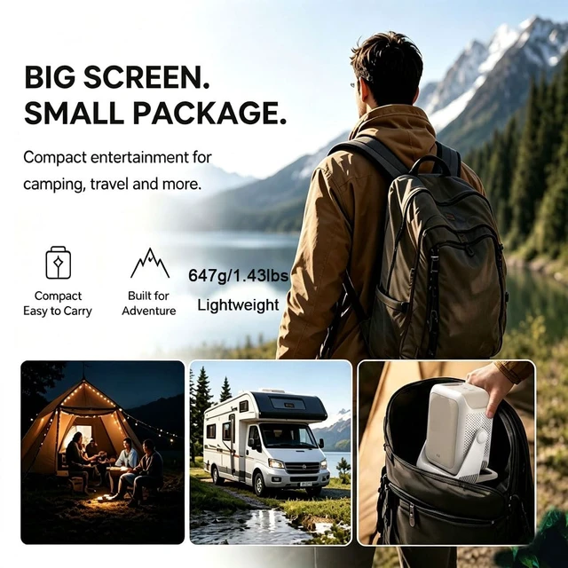 Alt view image 5 of 7 - Native 1080P Portable Projector, 12V Power Bank Compatible, 250 ANSI | Smart Streaming WiFi 6 & Bluetooth 5.0 Up to 150" Big Screen Movie Night Anywhere Tabletop, Wall, Ceiling & Tripod