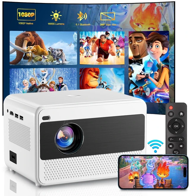 Main image of Video Projector with 5G WiFi and Bluetooth 5.1, Native 1080P Home Projector with Speaker, 16000LM Outdoor Movie Projector, Max 200" Compatible with iPhone / Android / TV Stick / Laptop / HDMI / USB