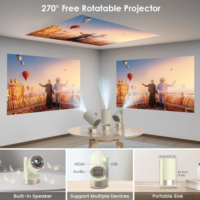 Alt view image 4 of 7 - Projector with WiFi and Bluetooth, Support 1080P 4K, 270°Rotatable Portable Projector with Autofocus and Auto Keystone, Home Projector with HIFI Stereo Sound for TV Stick, Laptop, PC, Phone (White)