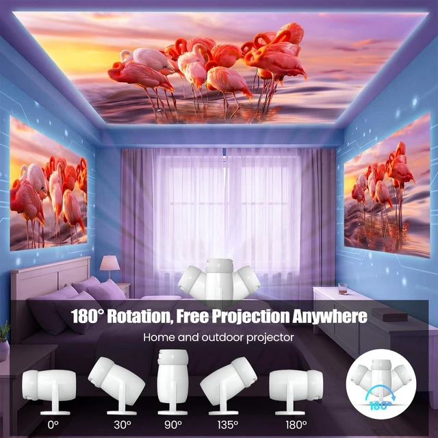 Alt view image 3 of 7 - Smart Mini Projector with WiFi 6 and Bluetooth 5.0, White | 180° Rotation,Support 1080P 4K,Portable Projector for Home Theater,Bedroom, Outdoor Movies