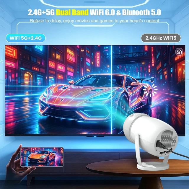 Alt view image 6 of 7 - Smart Mini Projector with WiFi 6 and Bluetooth 5.0, White | 180° Rotation,Support 1080P 4K,Portable Projector for Home Theater,Bedroom, Outdoor Movies