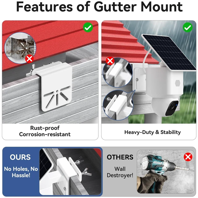 Alt view image 5 of 7 - 2 Pack Gutter Mount Bracket Compatible with Eufy Solocam S340/E30, Wyze, Eufy, Reolink, AOSU, No Drill Installation, Stainless Steel Gutter Mount for Security Camera, Security Camera Holder