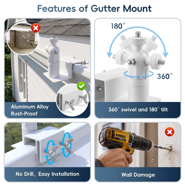 Alt view image 4 of 6 - 2 Pack White Gutter Mount for Solar Panel | Aluminum, No-Drill, 1/4"-20 Bracket, Compatible with Ring Arlo Eufy Wyze