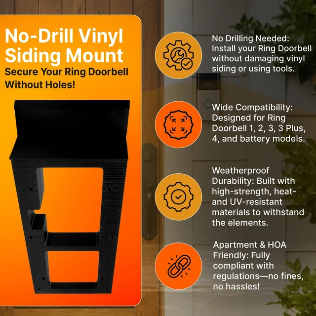 Alt view image 2 of 7 - SplashNColor No-Drill Ring Doorbell Mount for Vinyl Siding, Compatible with Ring Doorbell 1, 2, 3, 4 and Battery Models Easy No-Holes Installation for Apartment and HOA-Friendly Setup