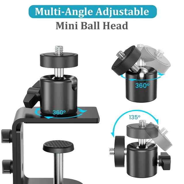 Alt view image 2 of 7 - C-Clamp Mount with 360 Degree Ball Head & 1/4 Screw Adapter for Camera | Compatible with Go Pro, Ring, Google Nest, Wyze, and Arlo, Fits Desk/Railing/Branch/Handlebar, Metal, Black (60mm)