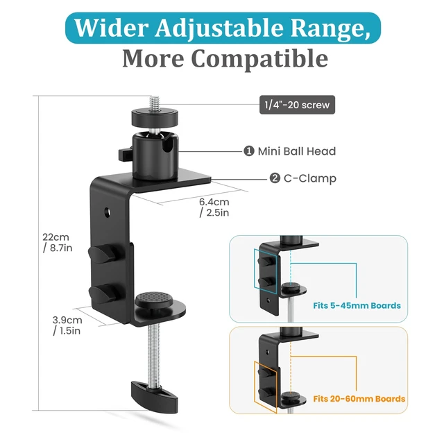 Alt view image 3 of 7 - C-Clamp Mount with 360 Degree Ball Head & 1/4 Screw Adapter for Camera | Compatible with Go Pro, Ring, Google Nest, Wyze, and Arlo, Fits Desk/Railing/Branch/Handlebar, Metal, Black (60mm)