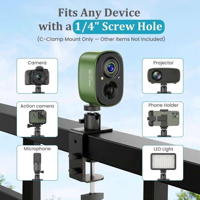 Alt view image 4 of 7 - C-Clamp Mount with 360 Degree Ball Head & 1/4 Screw Adapter for Camera | Compatible with Go Pro, Ring, Google Nest, Wyze, and Arlo, Fits Desk/Railing/Branch/Handlebar, Metal, Black (60mm)
