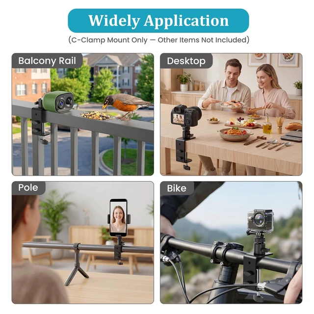 Alt view image 6 of 7 - C-Clamp Mount with 360 Degree Ball Head & 1/4 Screw Adapter for Camera | Compatible with Go Pro, Ring, Google Nest, Wyze, and Arlo, Fits Desk/Railing/Branch/Handlebar, Metal, Black (60mm)
