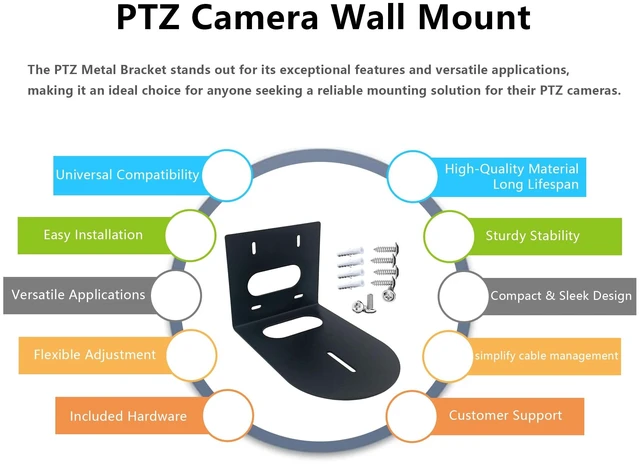 Alt view image 2 of 5 - Prisual PTZ Camera Wall Mount Bracket - Heavy-Duty Solid Metal Universal Mount for All PTZ Cameras, Includes Mounting Screws, Adjustable Compact Space-Saving Design (Black)