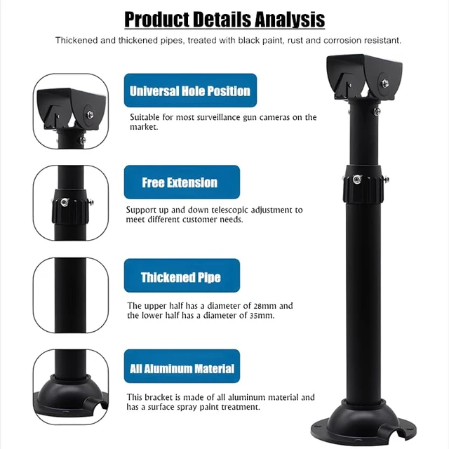 Alt view image 4 of 7 - UQISOVI Surveillance Camera Ceiling Mount Bracket Universal Duckbill Hoisting Lengthening Black Telescopic Support for CCTV Security Bullet Camera (Length 40-80cm/15.7-31.5inch)