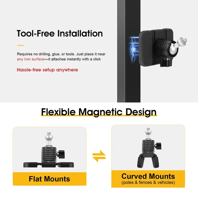 Alt view image 2 of 6 - Magnetic Camera Mount with 1/4" Thread for Flat or Curved Steel Surfaces, Flexible Strong Magnet Indoor Outdoor Security Cam Bracket fits for Arlo, Ring, Wyze, Google Nest, Mevo Start