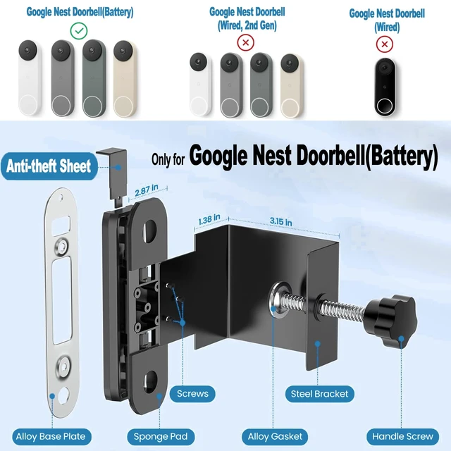 Alt view image 2 of 7 - Borcorz Anti-Theft Adjustable Mount for Google Nest Doorbell (Battery), No Drill Mount for Google Doorbell Camera, Adjustable (45° Left and Right) Angle for Apartment Home Renters