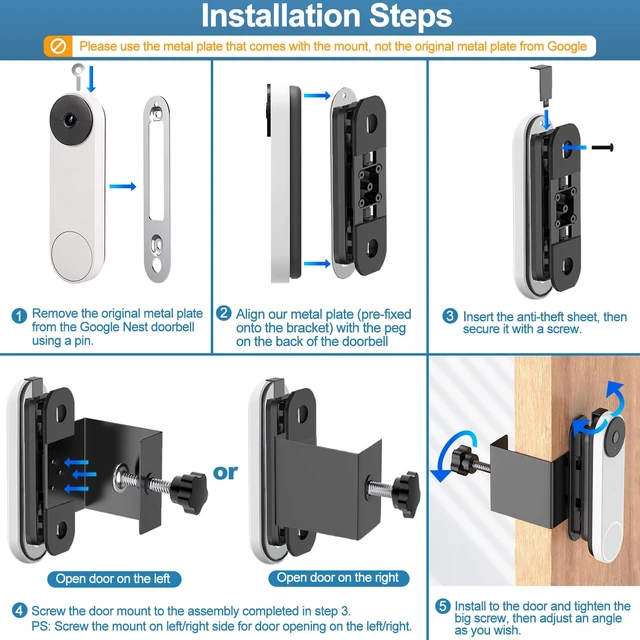 Alt view image 7 of 7 - Borcorz Anti-Theft Adjustable Mount for Google Nest Doorbell (Battery), No Drill Mount for Google Doorbell Camera, Adjustable (45° Left and Right) Angle for Apartment Home Renters