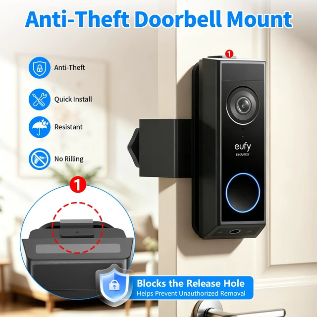 Alt view image 3 of 7 - Anti Theft Doorbell Mount for Eufy Doorbell Camera E340/C30/C31, No Drill Renter Friendly Door Bell Mount for Eufy E340, Fully Metal Mounting Bracket Door Camera Holder for Home Apartment Rentals