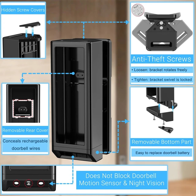 Alt view image 7 of 7 - Doorbell Mount Bracket For Eufy E340 Doorbel Adjustable Mount | Anti-Theft Bracket Doorbell Mount Adjustable Mount 45° Left & Right Not Block Motion Sensor & Night Vision Angle Mount-Black