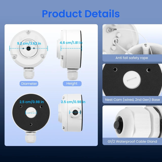 Alt view image 5 of 7 - Metal Junction Box Mount Compatible with Google Nest Camera (Wired, 2nd Gen), Nest Cam 2nd Gen Accessory with Weatherproof Hidden Cable Management Aluminum Alloy Conduit Base