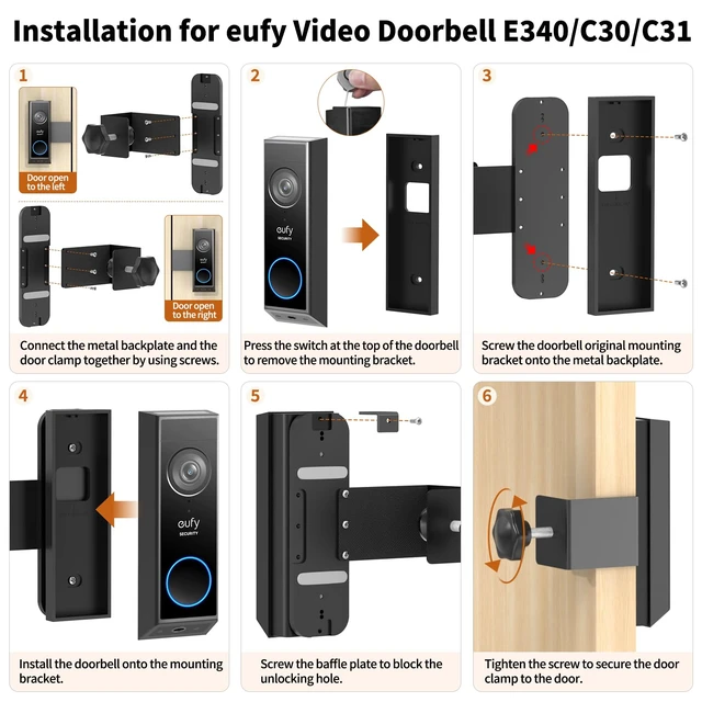 Alt view image 7 of 7 - Anti-Theft Doorbell Camera Mount for Eufy Doorbell E340/C30/C31, No Drill Door Camera Mount for Eufy E340, Metal Door Camera Holder for Inward-Opening Doors, Suitable for Apartments, Rentals and Homes