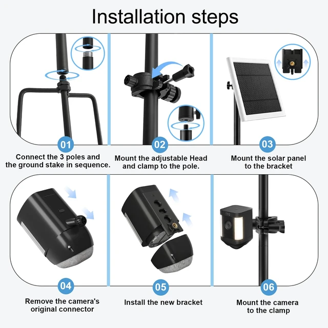 Alt view image 4 of 7 - 2 Pack 2-in-1 Ground Stake Mount Stand, Security Camera Pole with Solar Panel Mount, 360° Adjustable Bracket for Ring, Blink, Eufy, Arlo, Wyze, Google Nest