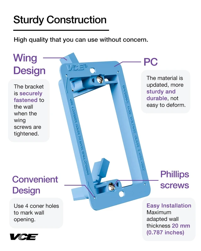 Alt view image 5 of 7 - VCELINK Low Voltage Mounting Bracket, Flush Low Voltage Box, Blue 10-Pack | With Alignment Holes for Easy Installation, Flush Mount for Single Gang Wall Plate