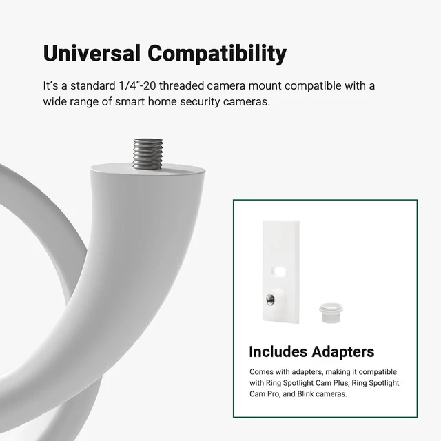Alt view image 3 of 7 - Holicfun Indoor/Outdoor Security Camera Flexible Twist Mount, White, 2-Pack | Universal 1/4"-20 adjustable bracket, fits Ring/Blink/Arlo/Wyze & more, 17.5-inch gooseneck holder, easy no-drill setup