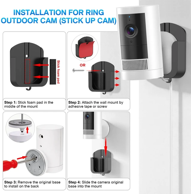 Alt view image 2 of 7 - Adhesive Wall Mount Bracket for Ring Outdoor Cam Plus, Black, 4 Pack | No Drill, Easy Installation with Strong Tape or Screws, Indoor Camera Mount Compatible with Ring Cameras