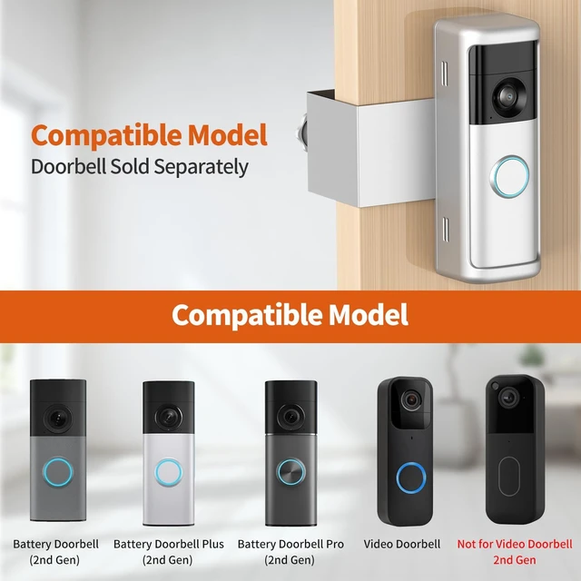Alt view image 2 of 7 - No-Drill Ring/Blink Doorbell Mount with Rain Cover, Anti-Theft Door Bracket | Compatible with Battery Doorbell/Plus/Pro(2026 Model), Quick Install Doorbell Camera Holder for Rental Apartment, Silver