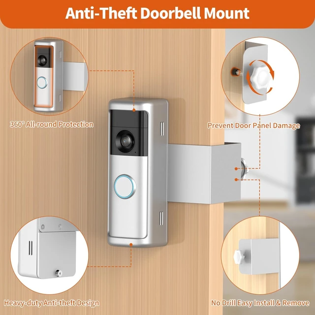 Alt view image 3 of 7 - No-Drill Ring/Blink Doorbell Mount with Rain Cover, Anti-Theft Door Bracket | Compatible with Battery Doorbell/Plus/Pro(2026 Model), Quick Install Doorbell Camera Holder for Rental Apartment, Silver