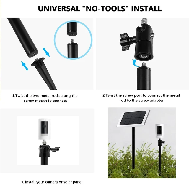 Alt view image 3 of 7 - Adjustable Ground Stake Mount for Security Cameras & Solar Panels (16-48"), Heavy Duty Lawn Pole Stand Compatible with Ring, Nest, Eufy, 360° Swivel Base (Black) (Black) (16-48")