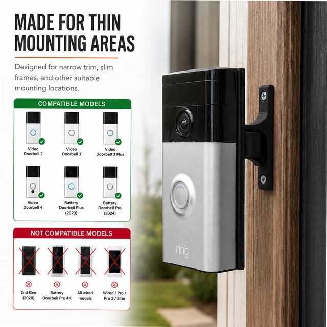 Alt view image 2 of 7 - SplashNColor 3D Printed Adjustable Screw-in Doorbell Mount Compatible with Ring Video Doorbell 2 3 3 Plus 4 & Battery Models Skinny Narrow-Trim Base | Angle Bracket