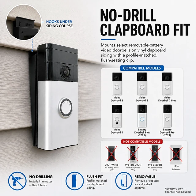 Alt view image 2 of 6 - SplashNColor 3D Printed No-Drill Clapboard Siding Clip Compatible with Ring Battery Doorbell & Video Doorbell 2, 3, 3 Plus, 4 Profile-Matched Fit for Clapboard Siding | Removable, No-Holes