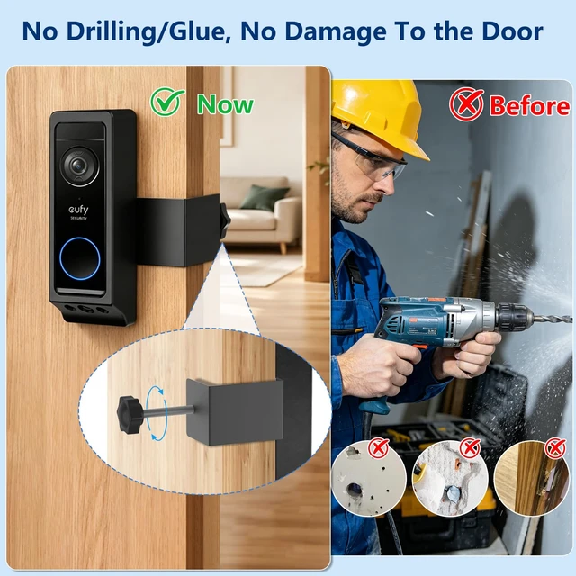 Alt view image 6 of 7 - Anti-Theft Video Doorbell Mount for Eufy Doorbell E340 Only, No-Drill Door Mounting Holder Bracket for Eufy Doorbell Camera, Apartment Door Bell Kits for Home Rentals Room, Not Block Motion Sensor