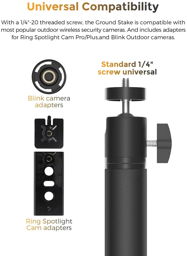Alt view image 2 of 7 - Outdoor Security Camera Ground Stake Mount, Black | 1/4"-20 camera mount, adjustable 9-21 in metal stake, compatible with selected Ring, Blink, Arlo and Wyze cameras and more