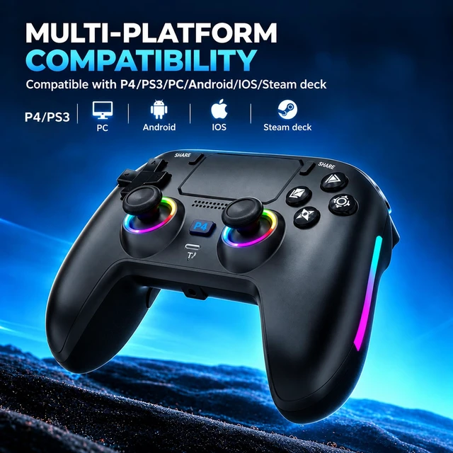 Alt view image 2 of 6 - Wireless Controller for P-S4/Ps3,Steam Deck/PC, Android, iOS, Switch | Hall Effect joysticks,RGB lighting,6-axis gyro,Wireless and wired,Turbo,vibration,Up to 12 hours of playtime