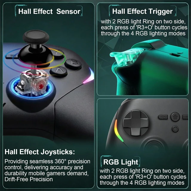 Alt view image 3 of 7 - Megadream Phone Controller for PC/Switch 2|Swith/Android/iPad/Tablet/iPhone Controller - RGB light - Hall Effect Trigger/Joystick - Call of Duty, Roblox, Genshin Impact, Direct Play