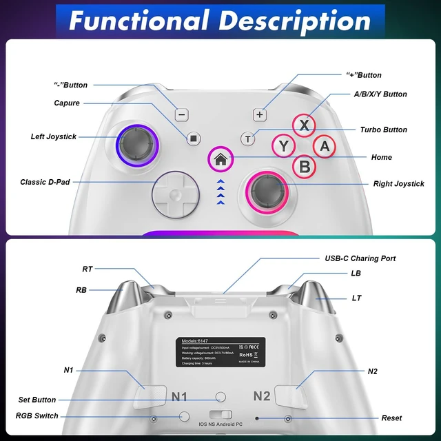 Alt view image 5 of 7 - Wireless Pro Controller for Switch 2/Switch/Lite/OLED,Replacement for Switch Pro Controller,Switch 2 Controller Support PC & Android/iOS with RGB LED,Wake-up,Programmable,Adjustable Turbo Vibration