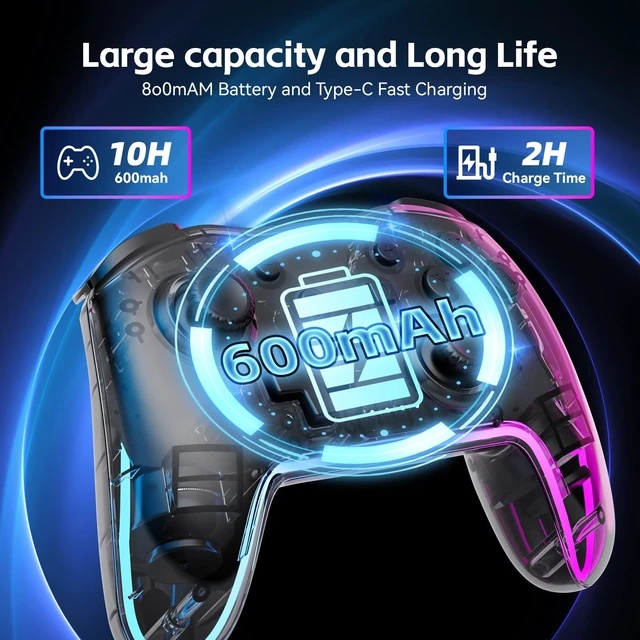Alt view image 6 of 6 - Comdigio Wireless Pro Ergonomic Controller for Switch/PC/iOS/Andorid | Compatible with Lite/OLED/. 7-Color RGB Lighting, Turbo/Vibration Adjustment, 10H Battery life, One-Key Wake-Up.
