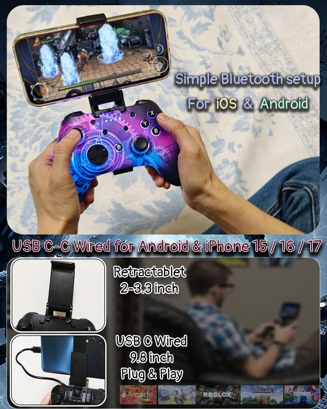 Alt view image 4 of 7 - Wzuicov Multi-Platform Game Controller with RGB & Dual-Mode Bluetooth & Wired Connection, Wireless Gamepad for Switch/Switch 2/iOS/Android/PC/TV Box/Tesla, Includes 2 USB-C Cables & Adapter