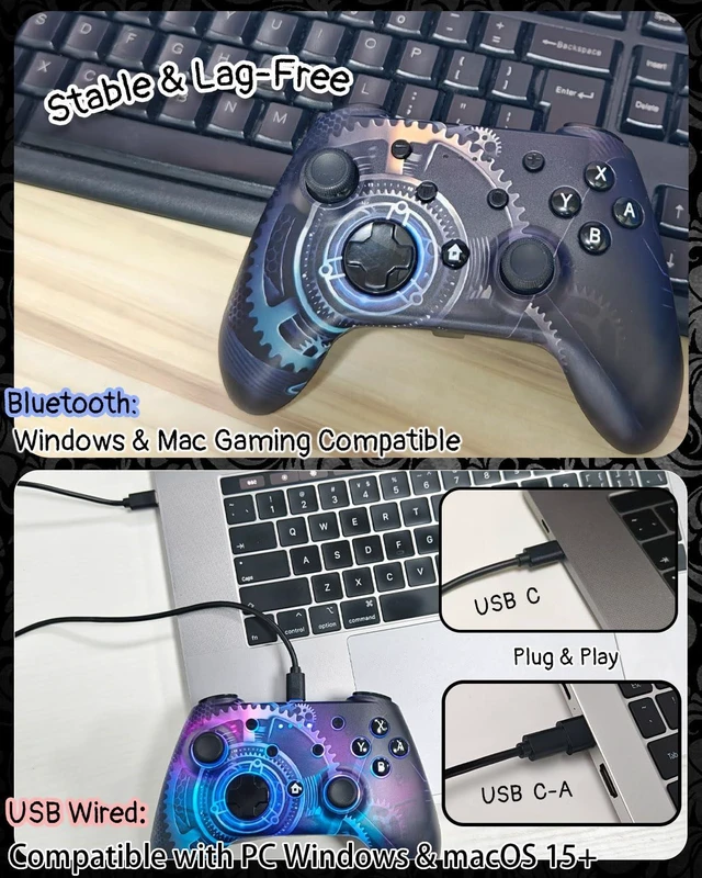 Alt view image 7 of 7 - Wzuicov Multi-Platform Game Controller with RGB & Dual-Mode Bluetooth & Wired Connection, Wireless Gamepad for Switch/Switch 2/iOS/Android/PC/TV Box/Tesla, Includes 2 USB-C Cables & Adapter