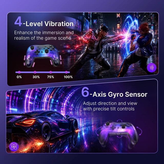 Alt view image 6 of 7 - NexiGo RGB Backlit Wireless Controller (No Deadzone) for Switch 2 and Switch, Bluetooth Pro Controller with Programmable Buttons, Vibration, Motion, Turbo, for Switch/PC/Android/iOS (Cosmic Nebula)