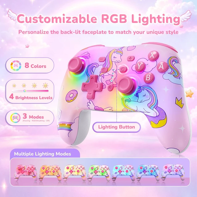 Alt view image 2 of 7 - NexiGo RGB Backlit Wireless Controller (No Deadzone) for Switch 2 and Switch, Bluetooth Pro Controller with Programmable Buttons, Vibration, Motion, Turbo, for Switch/PC/Android/iOS (Pink Unicorn)