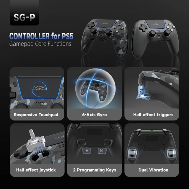 Alt view image 2 of 6 - ASRVA Gray Camouflage Wireless Gaming Controller for PS5/ PC/Steam & Mobile, Hall Effect Joystick & Triggers, 6-Axis Gyro, 1000mAh Battery, Programmable Back Buttons