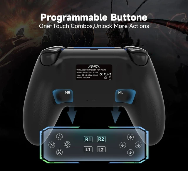 Alt view image 4 of 6 - ASRVA Gray Camouflage Wireless Gaming Controller for PS5/ PC/Steam & Mobile, Hall Effect Joystick & Triggers, 6-Axis Gyro, 1000mAh Battery, Programmable Back Buttons