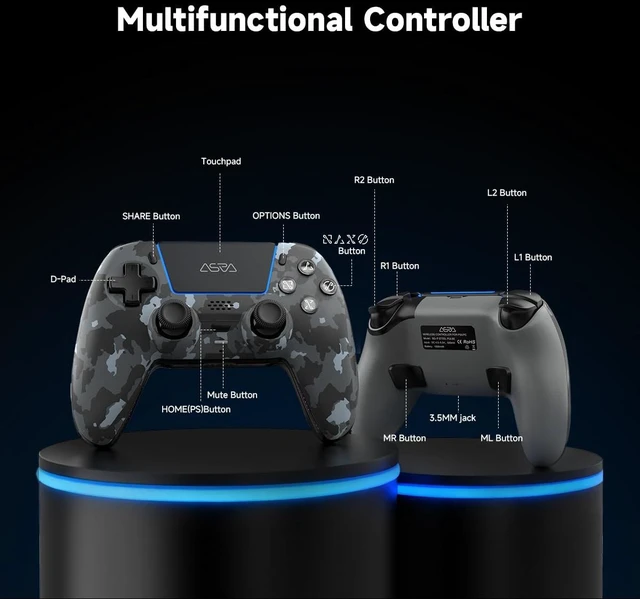 Alt view image 6 of 6 - ASRVA Gray Camouflage Wireless Gaming Controller for PS5/ PC/Steam & Mobile, Hall Effect Joystick & Triggers, 6-Axis Gyro, 1000mAh Battery, Programmable Back Buttons