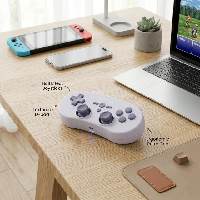 Alt view image 2 of 7 - ShanWan Mini Bluetooth Controller, Hall Effect Joystick & Micro Switch Buttons, Retro Wireless Gamepad for Switch/Switch 2, Steam Deck, PC, iOS, Android, Cloud Gaming, Pocket-Sized for Trave