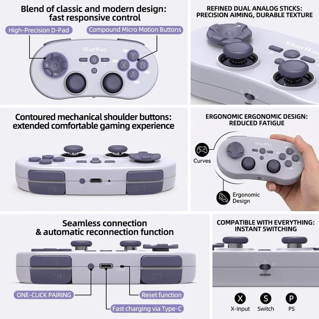 Alt view image 3 of 7 - ShanWan Mini Bluetooth Controller, Hall Effect Joystick & Micro Switch Buttons, Retro Wireless Gamepad for Switch/Switch 2, Steam Deck, PC, iOS, Android, Cloud Gaming, Pocket-Sized for Trave