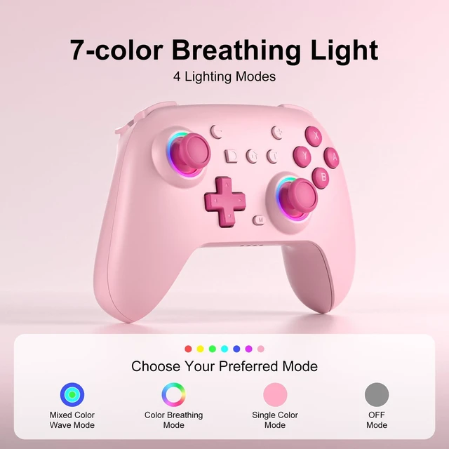 Alt view image 4 of 7 - SIMGAL Pink Wireless Controller for Switch Joy-Con/PC, Breathing LED | Wireless gamepad with 6-axis gyro/dual vibration/ergonomic, Switch Lite/OLED/Steam Deck/PC compatible, bluetooth/wired